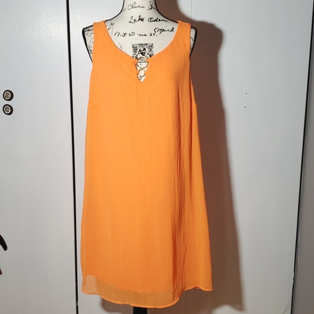 Tacera Orange Sleeveless Midi Dress with Ring Detail